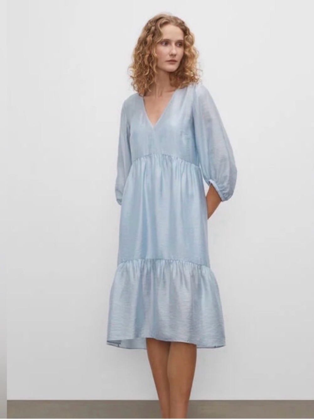 Club Monaco Pale Blue V-Neck Tiered Midi Dress